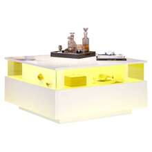 Coffee Table With Storage Living Room, Modern LED Coffee Table, Square Tea Table With 2 Sliding Drawers Wood Center Table Acrylic Glass Coffee Table, White - White + Particle Board - View 8