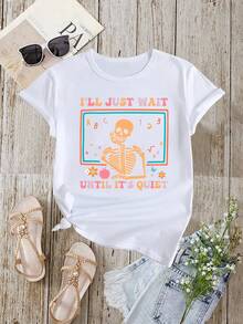 [Camiseta de guitarra humorística] Camiseta de manga corta casual para mujer con estampado geométrico colorido | "Esperaré hasta que esté tranquilo" Camiseta gráfica con esqueleto tocando la guitarra, cuello redondo, top de verano, lavable a máquina, idea de regalo para maestros, camiseta de guitarra, ropa humorística, diseño juguetón, tela de estiramiento medio - Atuendo del Día de San Patricio - Atuendos de verano para mujer - Tops de verano - Atuendos de vacaciones para mujer - Blanco - Ver 1