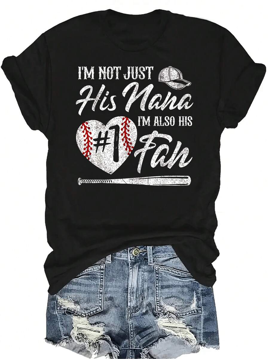 No soy solo su abuela, soy su número uno fan Camiseta para mujeres Unisex Casual de verano Transpirable Personalidad Cuello redondo Manga corta Camiseta Ropa de calle Versátil, Adecuado para adolescentes y adultos - Negro - Ver 1