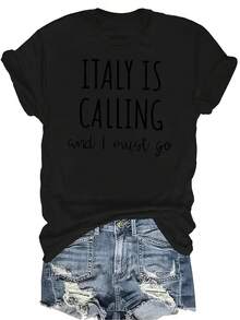 Camiseta "Italy Is Calling" para mujer y unisex, de verano, casual, transpirable, con personalidad, cuello redondo, manga corta, ropa de calle, versátil, adecuada para adolescentes y adultos - Negro - Ver 1