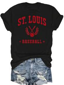 Camiseta de mujer y unisex con diseño vintage de día de juego del equipo de béisbol de Saint Louis, de estilo retro, casual, transpirable y de personalidad, con cuello redondo y manga corta, adecuada para adolescentes y adultos - Negro - Ver 1