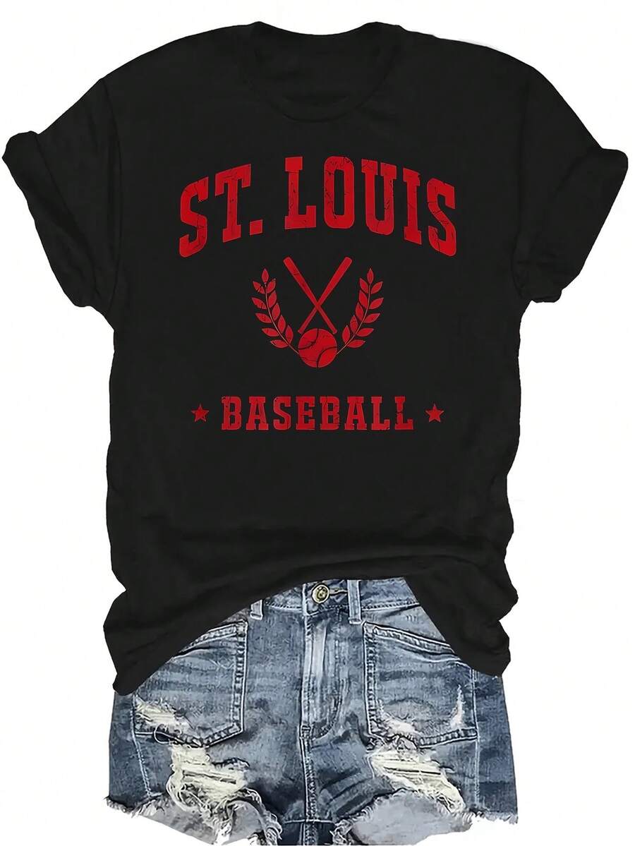 Camiseta de mujer y unisex con diseño vintage de día de juego del equipo de béisbol de Saint Louis, de estilo retro, casual, transpirable y de personalidad, con cuello redondo y manga corta, adecuada para adolescentes y adultos - Negro - Ver 1
