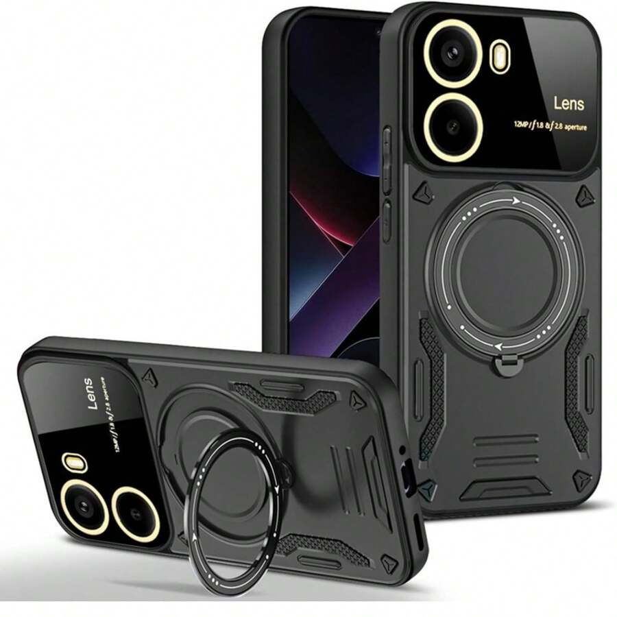 Protective Case With Ring Holder & Large Camera Cutout For Xiaomi POCO X7 Pro 5G, Shockproof Tempered Glass Back Cover - Black - View 1