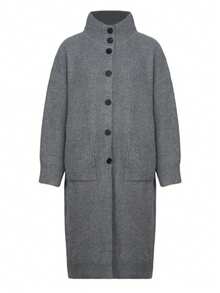 大码女式优雅休闲日常百搭中长款开衫，长袖带口袋，纯色，秋冬 - 灰色 - 查看 4