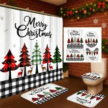 1 pieza/4 piezas Juego de cortina de ducha multifuncional con árbol de Navidad feliz y renos, incluye 12 ganchos gratis, crea un ambiente festivo, alfombra de baño, alfombra en forma de U y alfombra redonda para el inodoro, adecuado para todas las escenas navideñas del baño