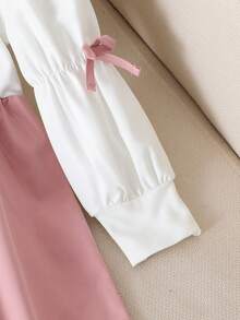 2 件套女童可爱蝴蝶结无袖背心和圆领长袖连衣裙套装，春秋季 - 粉色 - 查看 8