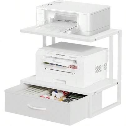 Printer Stand With Storage For Desk With Fabric Drawer Desktop Printer Stand Shelf Organzier For Home Office For Above And Under Desk Printer Table Fax Machine Copier Scanner White