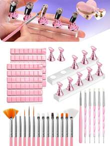 80件套粉色系列美甲工具套装，包含48格可重复使用的美甲泥、10个美甲支架+2个透明底座、15支美甲笔+5支点钻笔，可用于展示和练习美甲贴纸，磁性假指甲支架方便专业美甲练习，套装内含美甲胶水和假指甲，适合DIY新手和家庭美甲沙龙使用，是送给女性的绝佳圣诞礼物。