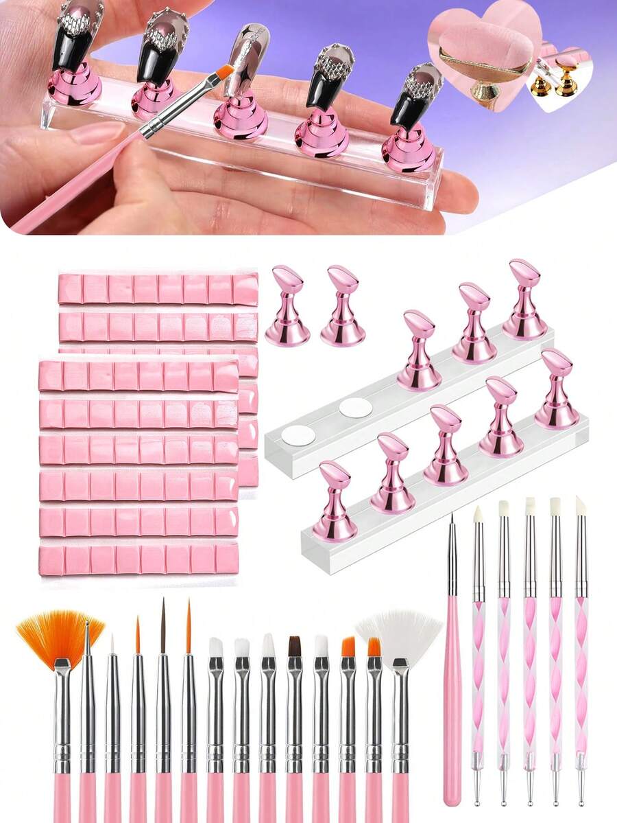 80件套粉色系列美甲工具套装，包含48格可重复使用的美甲泥、10个美甲支架+2个透明底座、15支美甲笔+5支点钻笔，可用于展示和练习美甲贴纸，磁性假指甲支架方便专业美甲练习，套装内含美甲胶水和假指甲，适合DIY新手和家庭美甲沙龙使用，是送给女性的绝佳圣诞礼物。