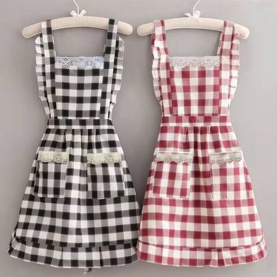 1pc Fashionable Plaid Princess Apron, Breathable Household Cooking Kitchen Cleaning Anti-Oil Anti-Stain Work Dress For Women, Summer New Style (Due To Photography Lighting And Angle, The Actual Color Is A Deep Red, Suitable For Up To 70kg, Size 66*72cm, Standard Size, Not Plus Size)
