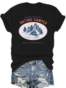 Camiseta de Campista de Naturaleza para Mujer Unisex, Casual de Verano, Transpirable, de Personalidad, Cuello Redondo, Manga Corta, Ropa de Calle Versátil, Adecuada para Adolescentes y Adultos - Negro - Ver 1