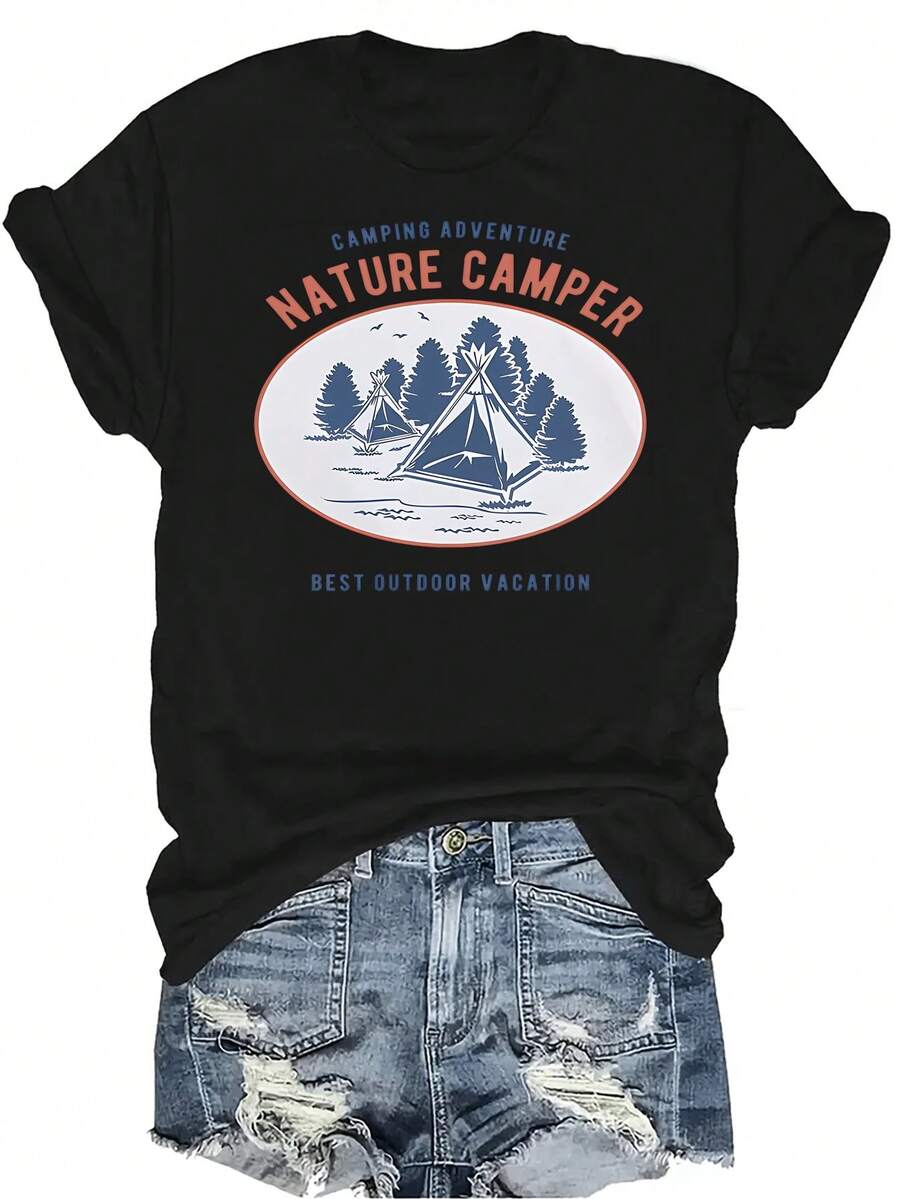 Camiseta de Campista de Naturaleza para Mujer Unisex, Casual de Verano, Transpirable, de Personalidad, Cuello Redondo, Manga Corta, Ropa de Calle Versátil, Adecuada para Adolescentes y Adultos - Negro - Ver 1