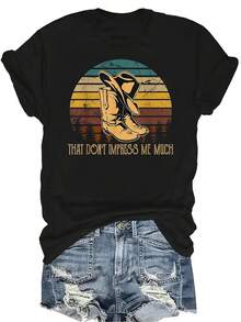 Camiseta gráfica de manga corta con cuello redondo, de estilo casual y transpirable, con estampado de botas y sombrero de vaquero que no me impresiona mucho, adecuada para adolescentes y adultos - Negro - Ver 1