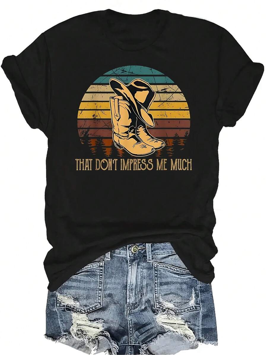 Camiseta gráfica de manga corta con cuello redondo, de estilo casual y transpirable, con estampado de botas y sombrero de vaquero que no me impresiona mucho, adecuada para adolescentes y adultos - Negro - Ver 1