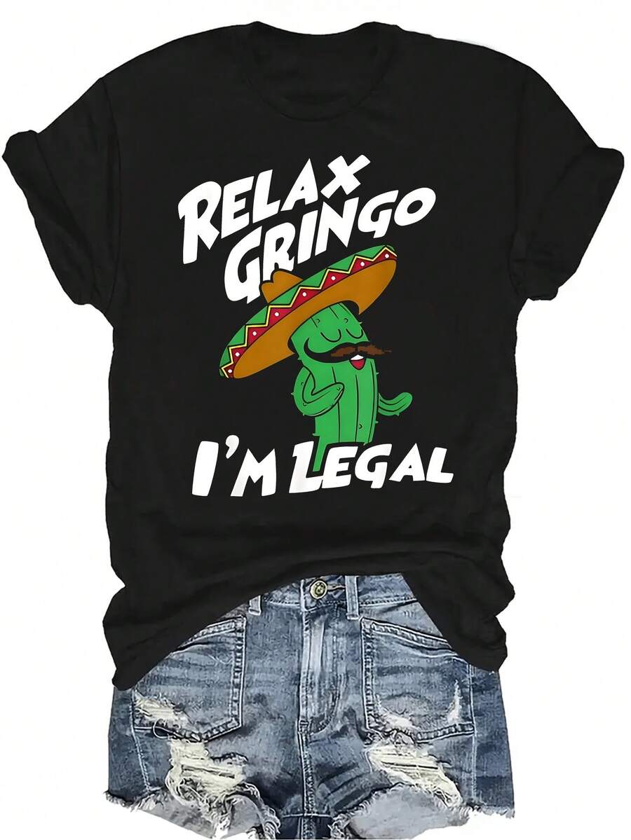 Camiseta "Relax Gri-Ngo I'm Legal" para mujer y unisex, de verano, casual, transpirable, con personalidad, cuello redondo, manga corta, ropa de calle, versátil, adecuada para adolescentes y adultos - Negro - Ver 1