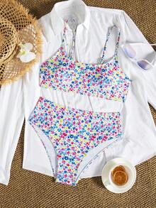 wohenmeili 休闲花卉印花高腰吊带比基尼套装，带十字交叉露背细节，高弹力两件套泳衣 - 白底藍黃粉 - 查看 1