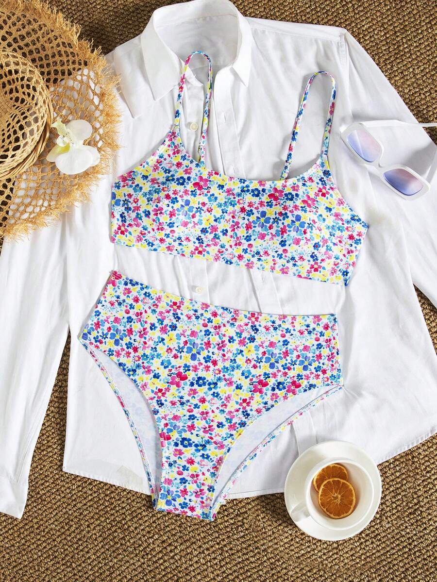 wohenmeili 休闲花卉印花高腰吊带比基尼套装，带十字交叉露背细节，高弹力两件套泳衣 - 白底藍黃粉 - 查看 1