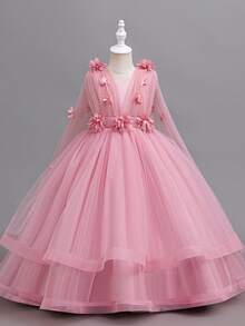 Young Girl Elegant Floral Flower Girl Wedding Dress Princess Tulle Maxi Dress, Suitable For Formal Occasions, Parties, Birthday - Bụi hồng - Xem 4