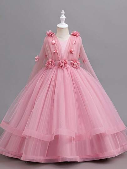 Young Girl Elegant Floral Flower Girl Wedding Dress Princess Tulle Maxi Dress, Suitable For Formal Occasions, Parties, Birthday