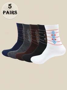 5 Pairs Assorted Men's Diamond Pattern Printed Casual Business Mid-Calf Socks, Retro Style Everyday Wear - Multicolor - View 6