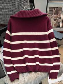 Autumn/Winter New Zipper Women Striped Knit Sweater, Fashion Minimalist Pullover, Versatile - Burgundy - View 2