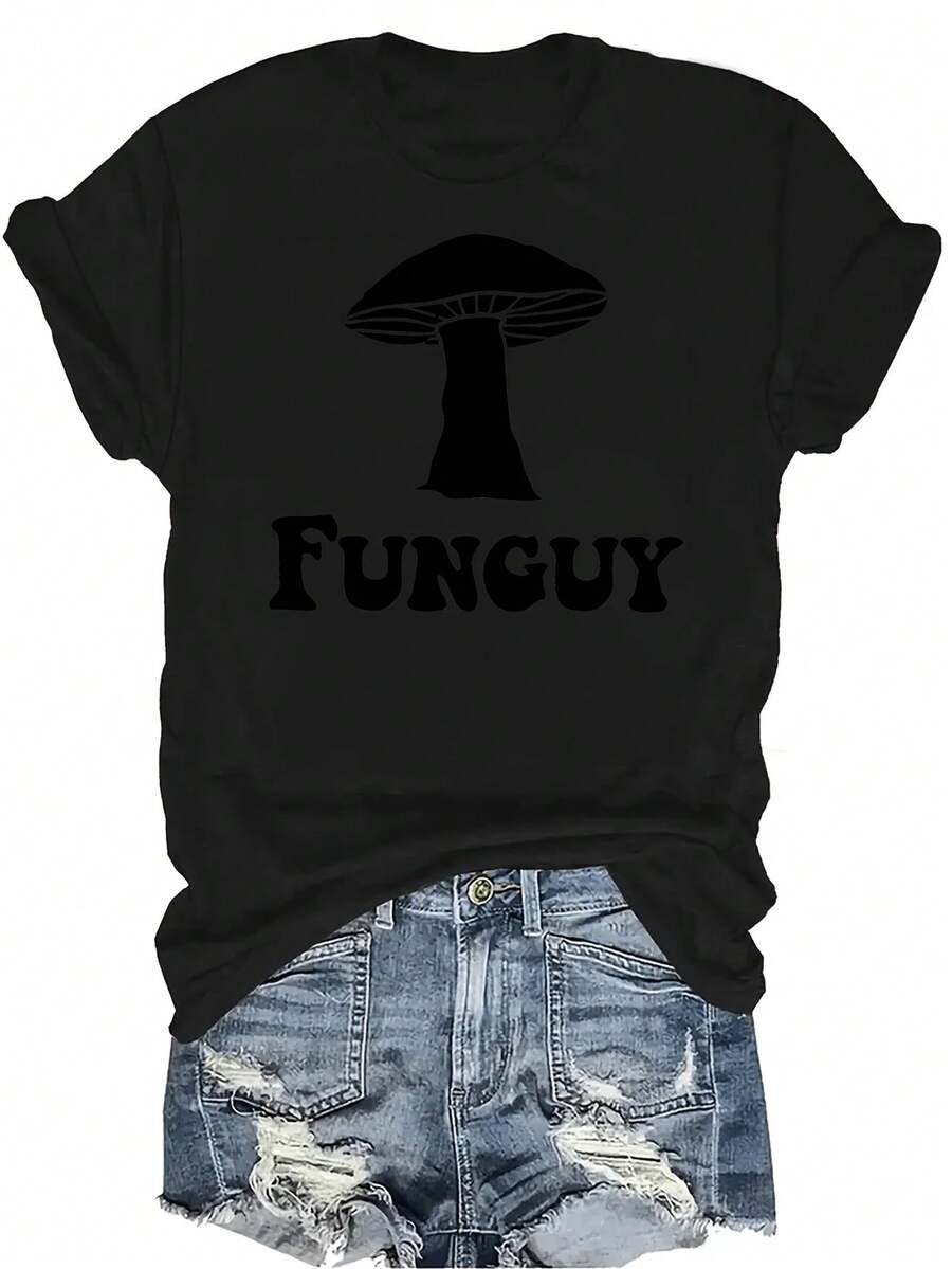 Camiseta de mujer con estampado de moda de setas, unisex, de verano, casual, transpirable, de personalidad, de cuello redondo, de manga corta, ropa de calle, versátil, adecuada para adolescentes y adultos - Negro - Ver 1