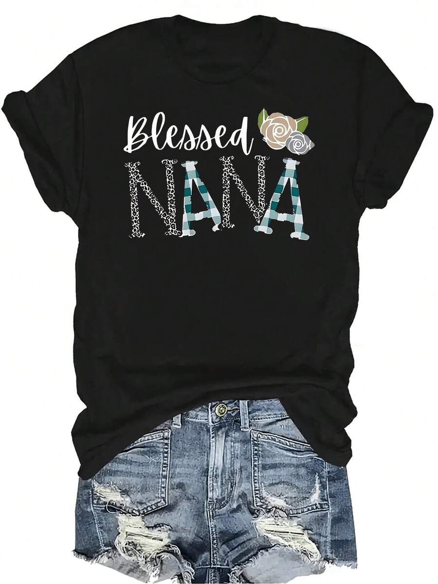 Camiseta estampada NANA para mujer y unisex, de verano, casual, transpirable, con cuello redondo, manga corta, estilo urbano y versátil, adecuada para adolescentes y adultos - Negro - Ver 1