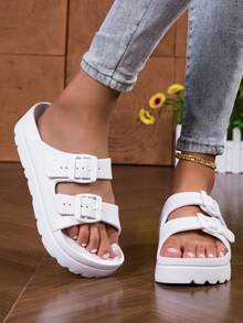 女士家居拖鞋、室内拖鞋、水鞋、浴室拖鞋、卧室拖鞋、平底拖鞋、轻便情侣厚底拖鞋 - 白色 - 查看 5