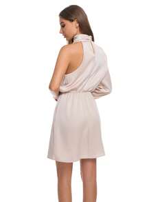 女士缎面迷你单肩鸡尾酒会礼服，优雅修身腰部派对礼服，适合春、夏、秋季、婚礼宾客、伴娘 - 杏色 - 查看 11