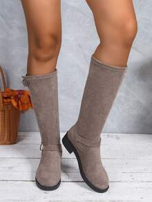 复古优雅时尚一脚蹬中跟及膝靴，新款秋冬女式棕色弹力绒面柔软中筒皮靴女式黑色休闲舒适扣环过膝靴 - 深灰色 - 查看 5