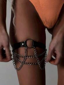 1 pieza Banda elástica para la pierna de mujer con anillo de PU y cadena, cinturón liguero para muslo, estilo callejero de moda, decoración de lencería para fiestas, Halloween y festivales