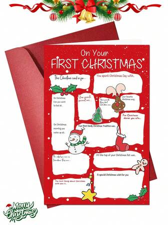 1pc Baby First Christmas Card, Funny First Christmas Card For Baby Boy Girl, Your First Christmas Questions & Answer Card Gift For Son Daughter, DIY Fill In 1st Xmas Card For Grandson Granddaughter