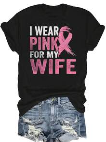 Estoy usando rosa por mi esposa Camiseta para mujer Unisex Verano Casual Transpirable Personalidad Cuello redondo Manga corta Camiseta Ropa de calle Versátil, Adecuado para adolescentes y adultos - Negro - Ver 1