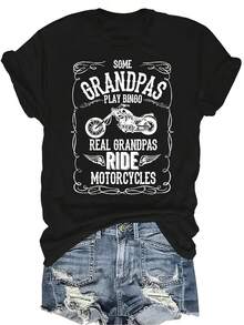 Camiseta con estampado de motocicleta para mujer y unisex, de verano, casual, transpirable, de personalidad, cuello redondo, manga corta, ropa de calle, versátil, adecuada para adolescentes y adultos - Negro - Ver 1