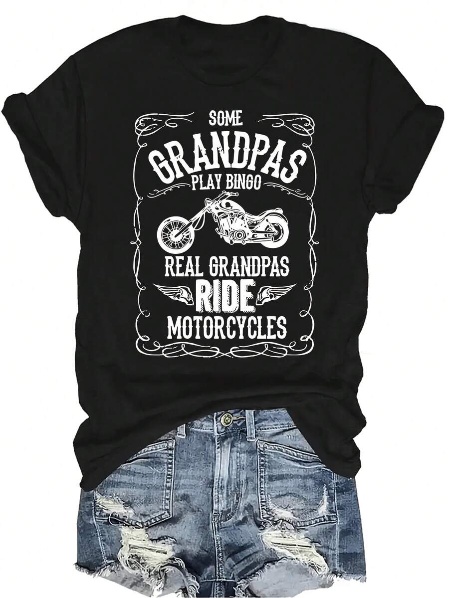 Camiseta con estampado de motocicleta para mujer y unisex, de verano, casual, transpirable, de personalidad, cuello redondo, manga corta, ropa de calle, versátil, adecuada para adolescentes y adultos - Negro - Ver 1
