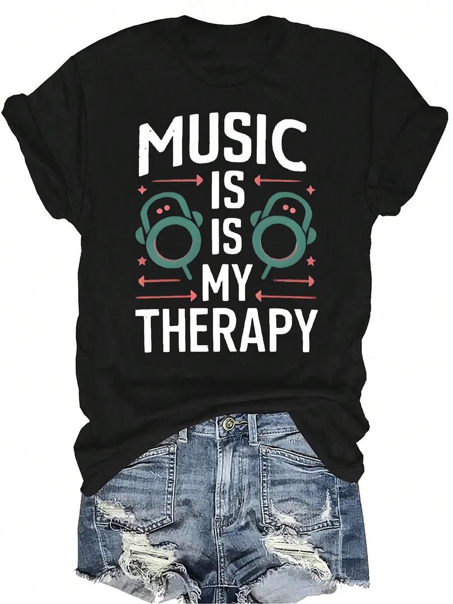 Camiseta con patrones interesantes para mujer y unisex, de verano, casual, transpirable, con cuello redondo, manga corta, estilo urbano y versátil, adecuada para adolescentes y adultos - Negro - Ver 1