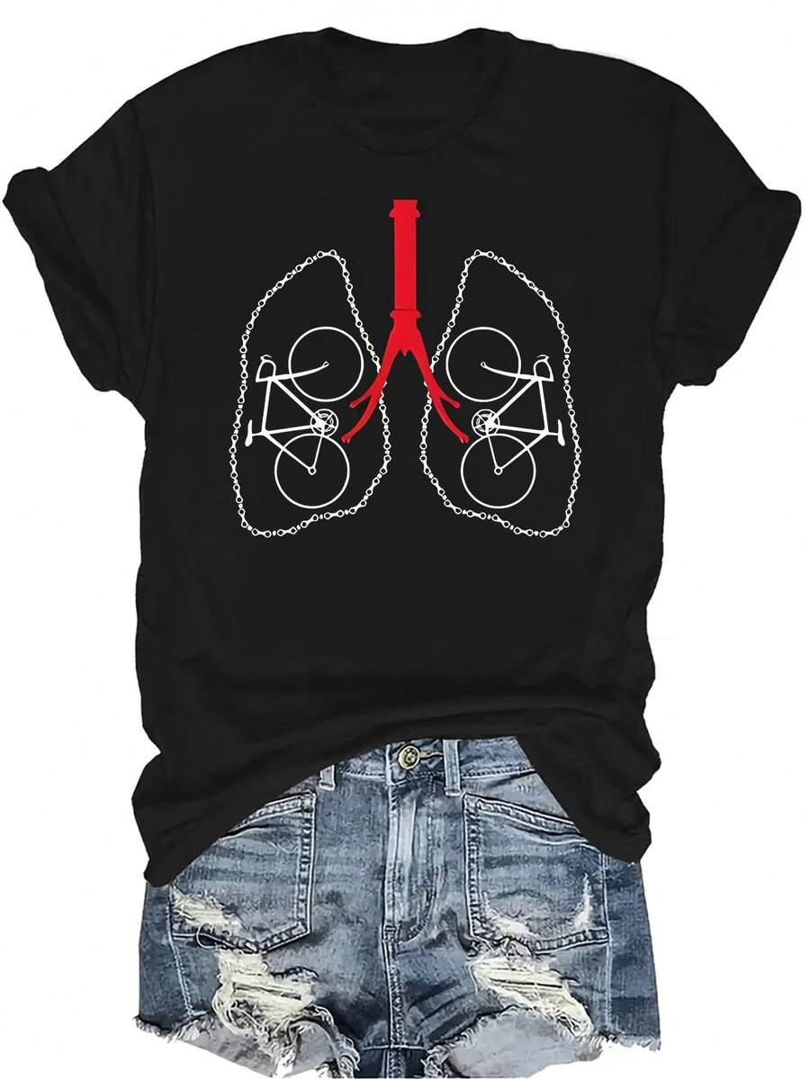 Camiseta con patrones interesantes para mujer y unisex, de verano, casual, transpirable, con cuello redondo, manga corta, estilo urbano y versátil, adecuada para adolescentes y adultos - Negro - Ver 1