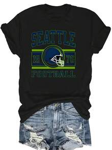 Camiseta de fútbol de Seattle para mujer y unisex, de verano, casual, transpirable, con personalidad, cuello redondo, manga corta, ropa de calle, versátil, adecuada para adolescentes y adultos - Negro - Ver 1