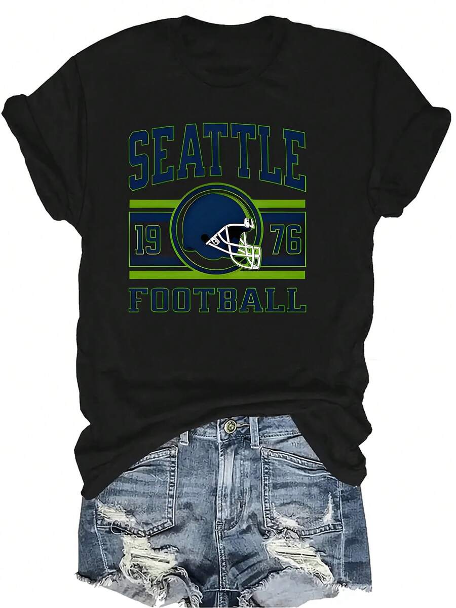 Camiseta de fútbol de Seattle para mujer y unisex, de verano, casual, transpirable, con personalidad, cuello redondo, manga corta, ropa de calle, versátil, adecuada para adolescentes y adultos - Negro - Ver 1