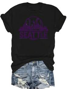 Camiseta retro y vintage con estampado de paisaje urbano de béisbol de Seattle en color púrpura, para mujer y unisex, de verano, casual, transpirable, de cuello redondo, de manga corta, ropa de calle versátil, adecuada para adolescentes y adultos - Negro - Ver 1