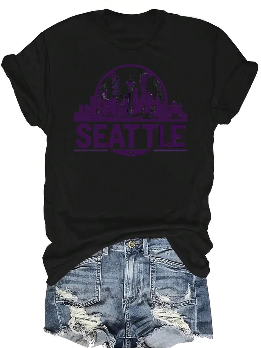 Camiseta retro y vintage con estampado de paisaje urbano de béisbol de Seattle en color púrpura, para mujer y unisex, de verano, casual, transpirable, de cuello redondo, de manga corta, ropa de calle versátil, adecuada para adolescentes y adultos - Negro - Ver 1