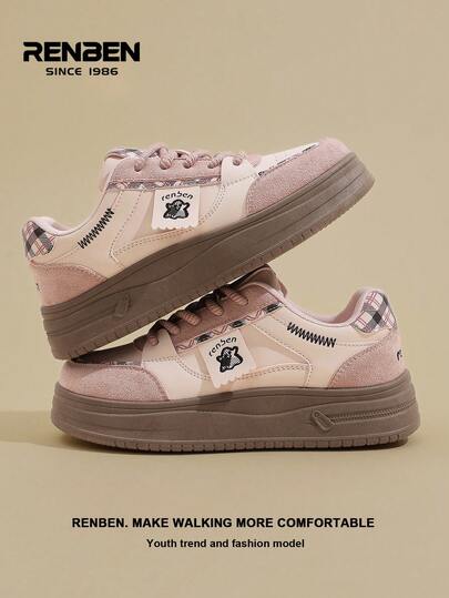 RENBEN 2025 Autumn New Cute Ghost Print Lace-Up Pink Canvas Sneakers, Thick Sole Casual Lightweight Petite Size College Style Fashionable Vulcanized Shoes For Women
