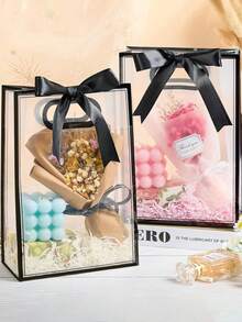 1pc/5pcs/10pcs Transparent Plastic Gift Bags, Bridesmaid Welcome Gift Bags, Thank You Gift Bags, Christmas Thanksgiving Party Wedding Bride Favor Bags (Black/Pink/White), Waterproof Gift Bags, With Ribbons, Bridesmaid Ladies Gift Bags - Multicolor - View 7