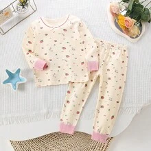 女童草莓印花长袖上衣和裤子睡衣套装 - 米色 - 查看 1