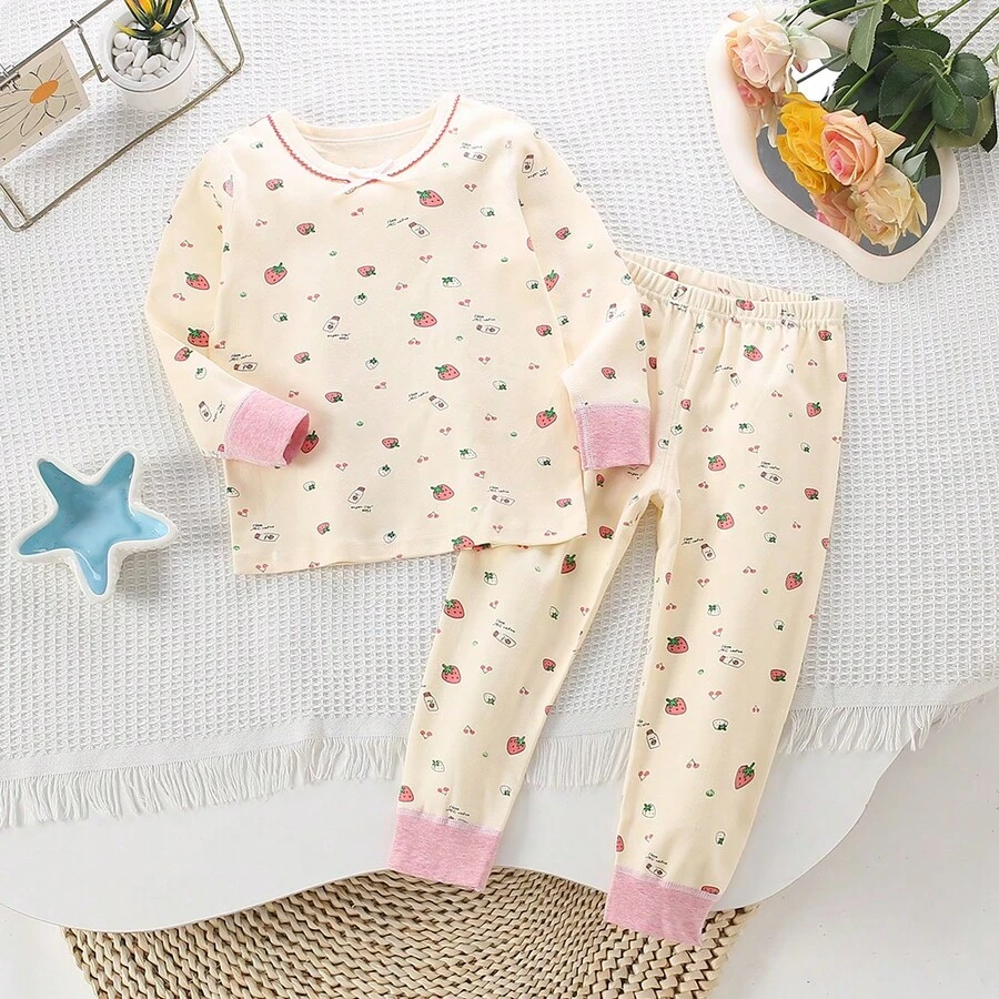 女童草莓印花长袖上衣和裤子睡衣套装 - 米色 - 查看 1
