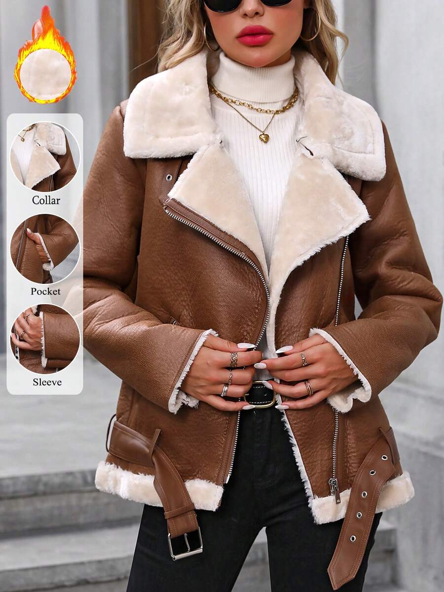 女式仿羊毛夹克厚衬里派克大衣冬季保暖外套仿皮夹克