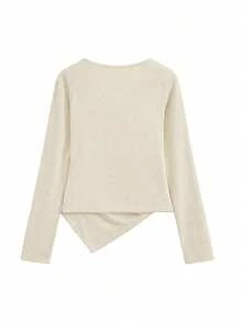 Korean Style Asymmetrical Long Sleeve T-Shirt For Women, Fitted Layering Crop Top, Gentle Vibe, Autumn/Winter Casual Spring - Apricot - View 4
