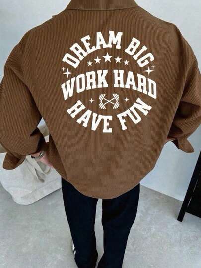 American Casual Corduroy Front & Back Floral Print Men Long Sleeve Shirt, Fall