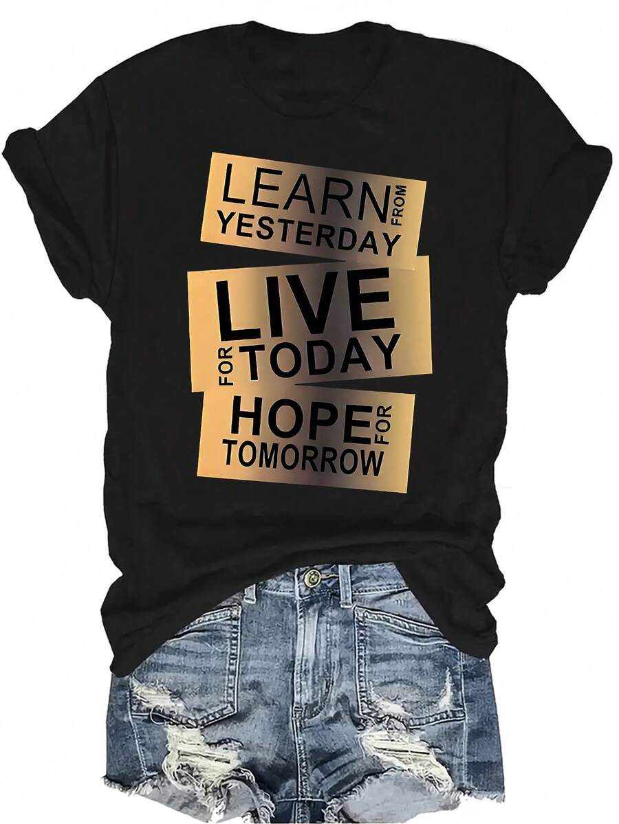 Camiseta con citas inspiradoras impresas para mujer y unisex, de verano, casual, transpirable, con cuello redondo, manga corta, estilo urbano y versátil, adecuada para adolescentes y adultos - Negro - Ver 1