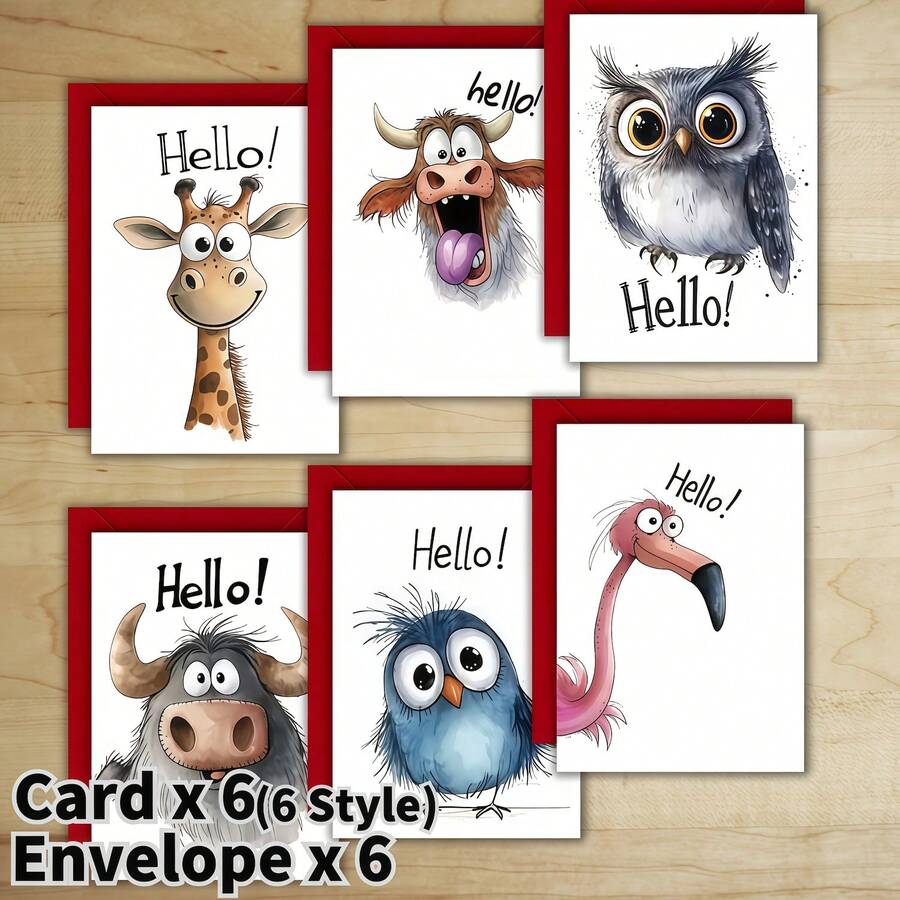 12pcs, Funny Wildlife Greetings Greeting Cards With Envelopes | Cartoon Animal Greeting Cards, Assorted Funny Wildlife Designs, For Birthday, Thank You Gift, Congratulations Gifts, Halloween, Thanksgiving, School Supplies,Back To School - 12pcs(Envelope X 6 + Card X 6) - View 1